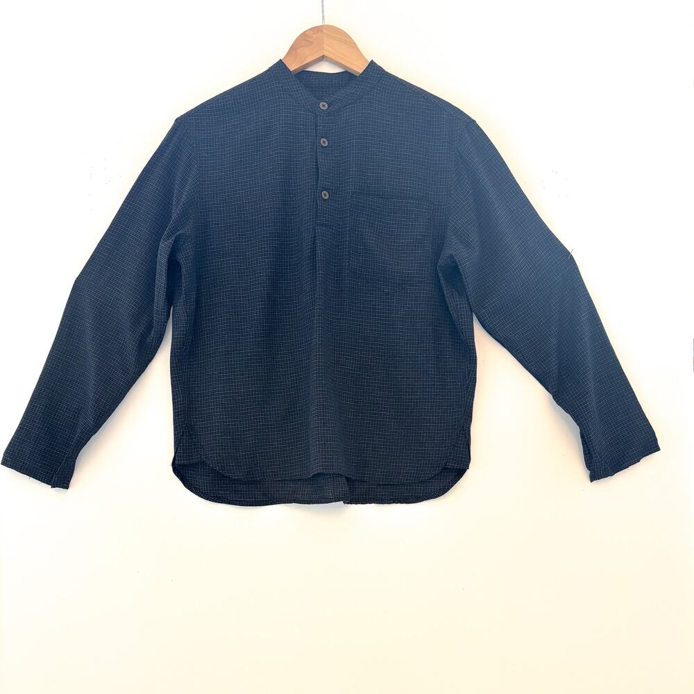Zara, Band Collar Shirt, Size 11/12 Years, Navy Micro Plaid